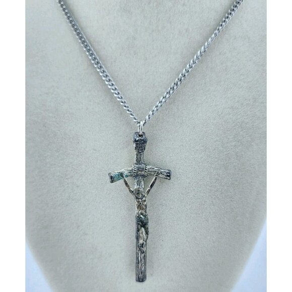 Jewelry - Vtg‎ Cross Crucifix Pendant INRI Silver Tone Necklace Stamped Italy 30" Chain